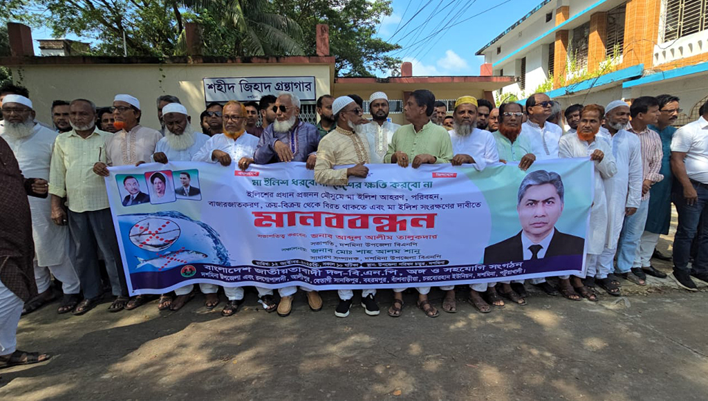 দশমিনায় মা ইলিশ রক্ষায় বিএনপির মানববন্ধন